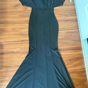 Blue Ruched Maxi Gown with Flutter Sleeves
